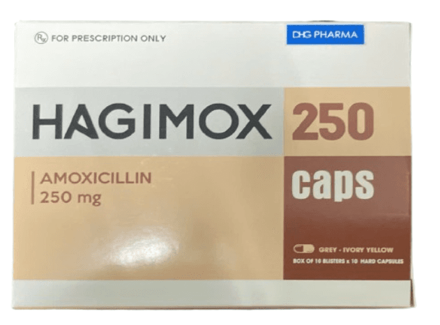 Hagimox amoxicillin 250mg DHG (H/100 viên nang) (xám-vàng ngà)