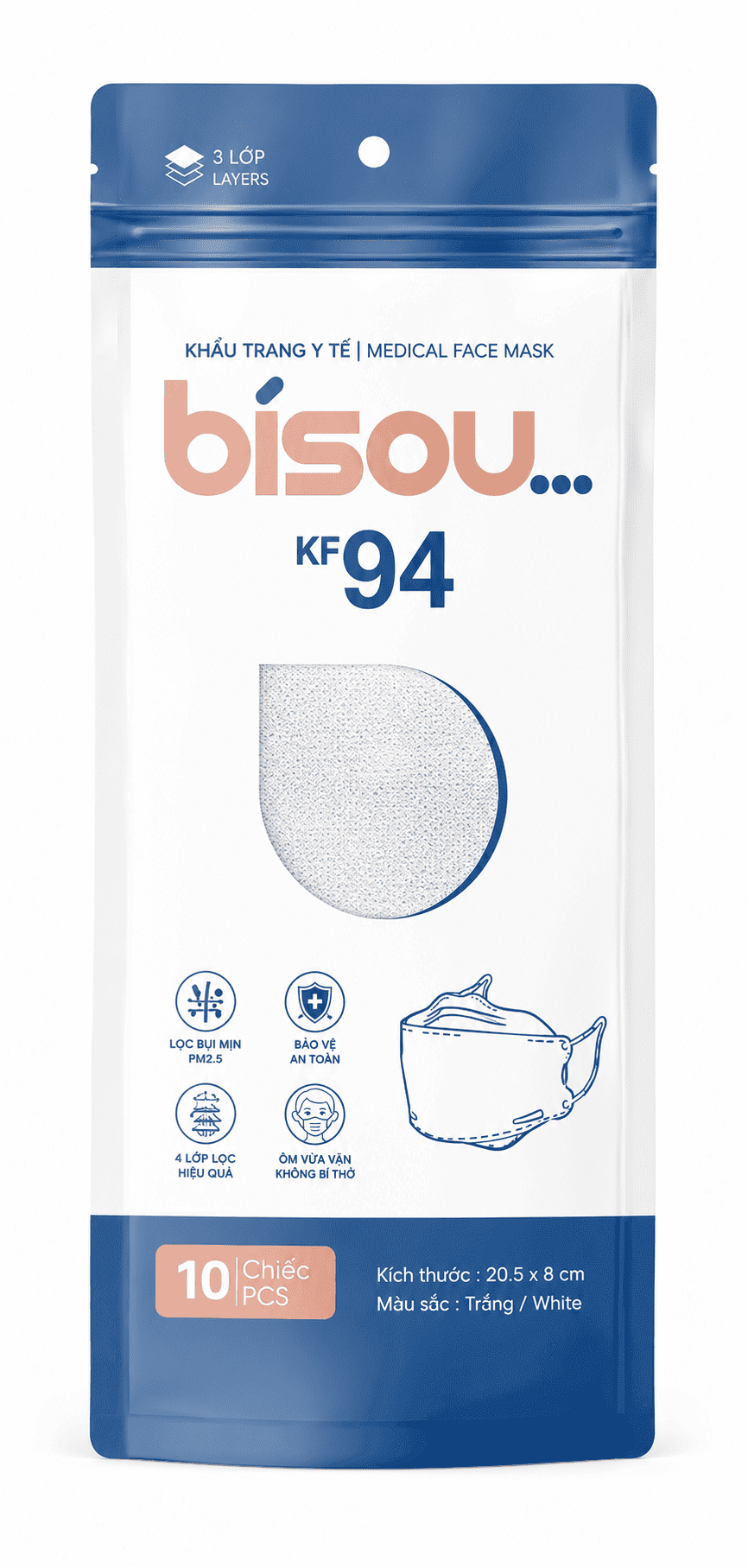 Khẩu trang y tế 4D màu trắng hiệu Bisou (10 cái)